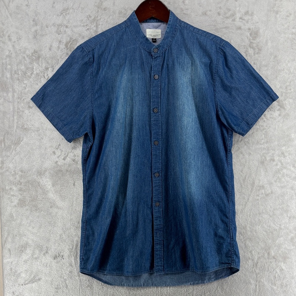 Civil Society Chambray Band Collar Cotton Button Down Men's Shirt Size M